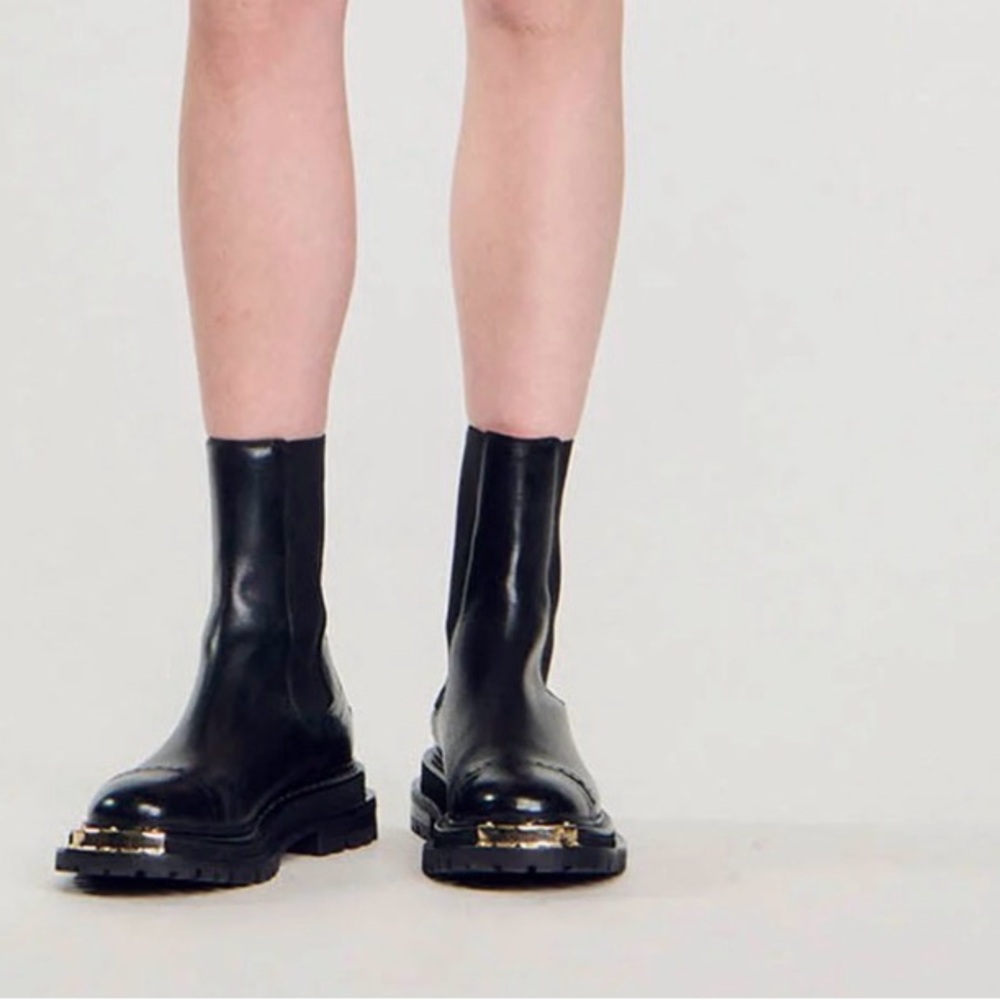 Sandro Black Leather Combat Boots with Silver Toe Hardware - Picture 6 of 6